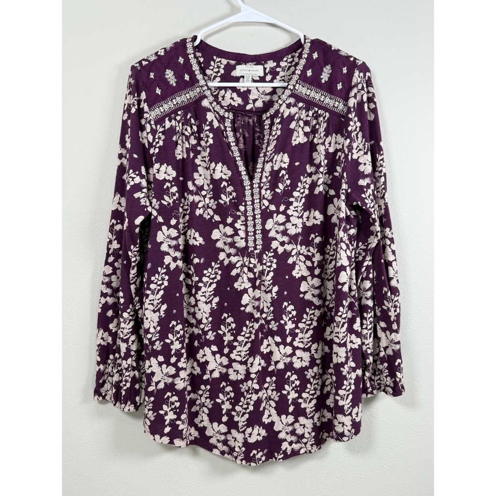 Lucky Brand Embroidered Floral Top Women 1X Purple Long Sleeve‎ Boho Peasant